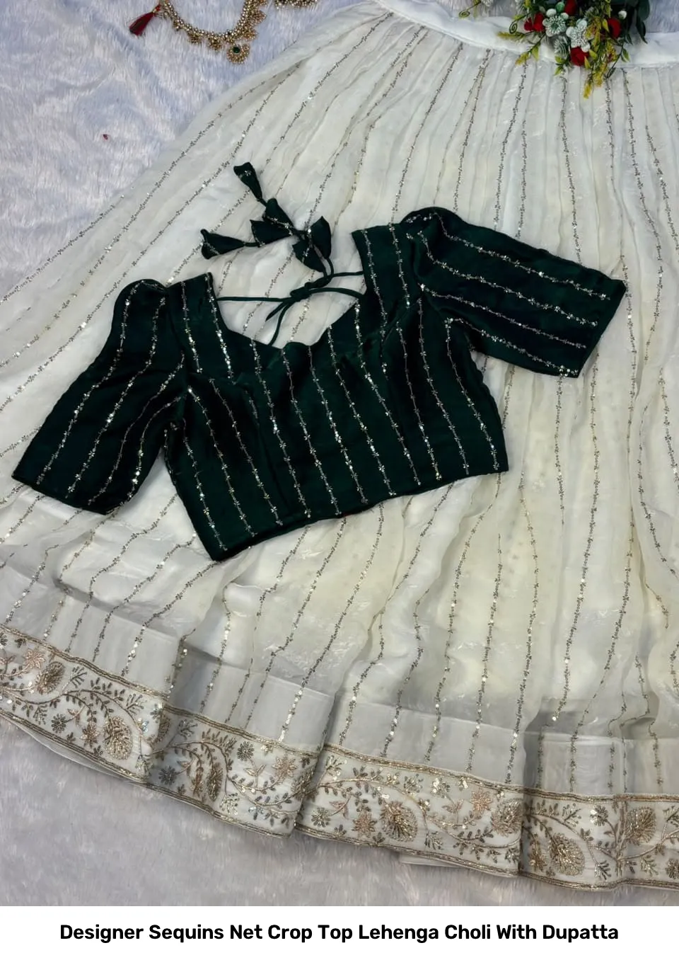 Designer Sequins Net Crop Top Lehenga Choli With Dupatta 16