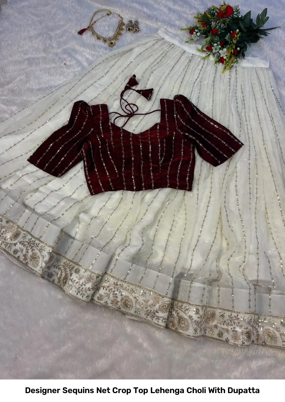 Designer Sequins Net Crop Top Lehenga Choli With Dupatta 6
