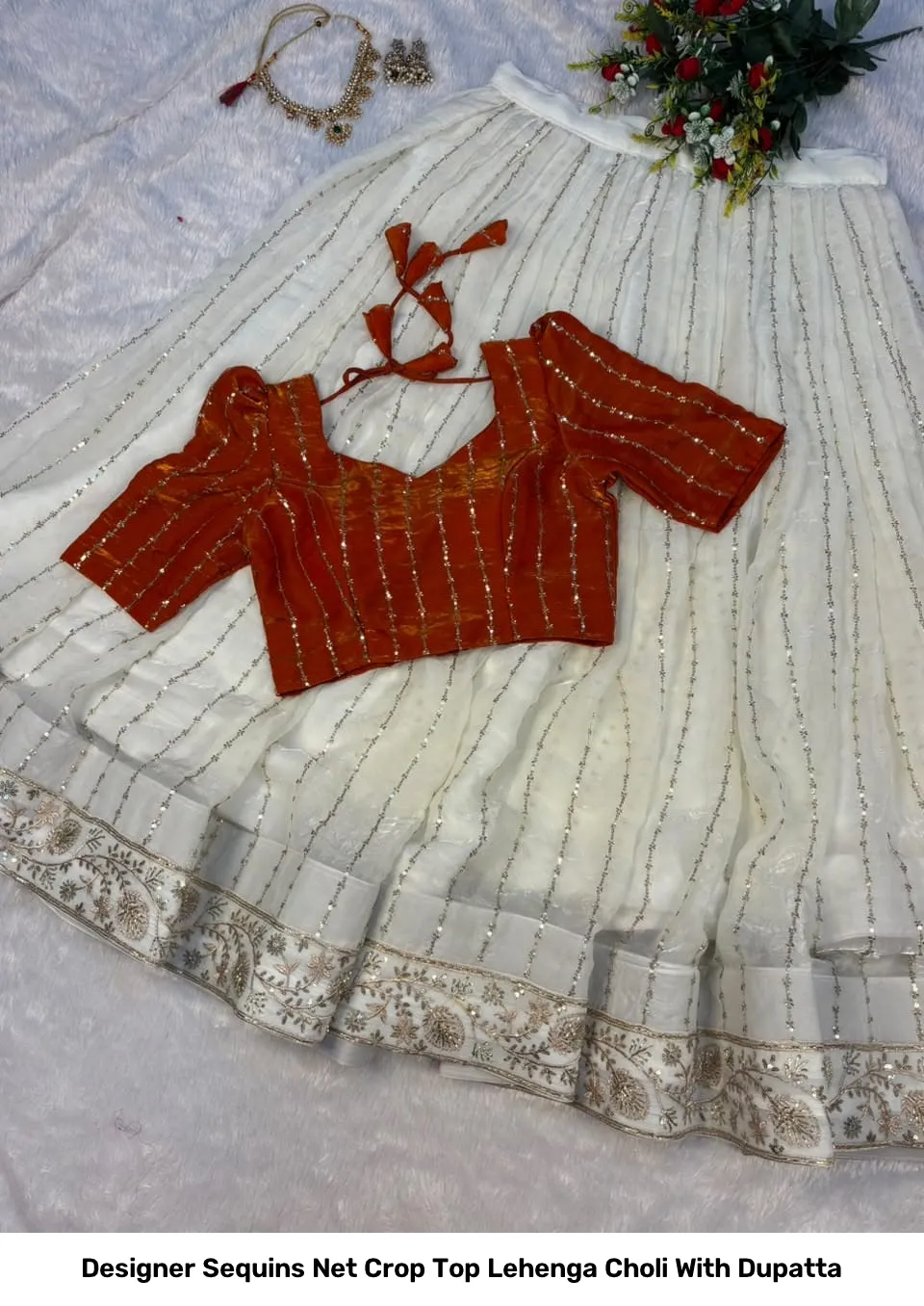 Designer Sequins Net Crop Top Lehenga Choli With Dupatta 7