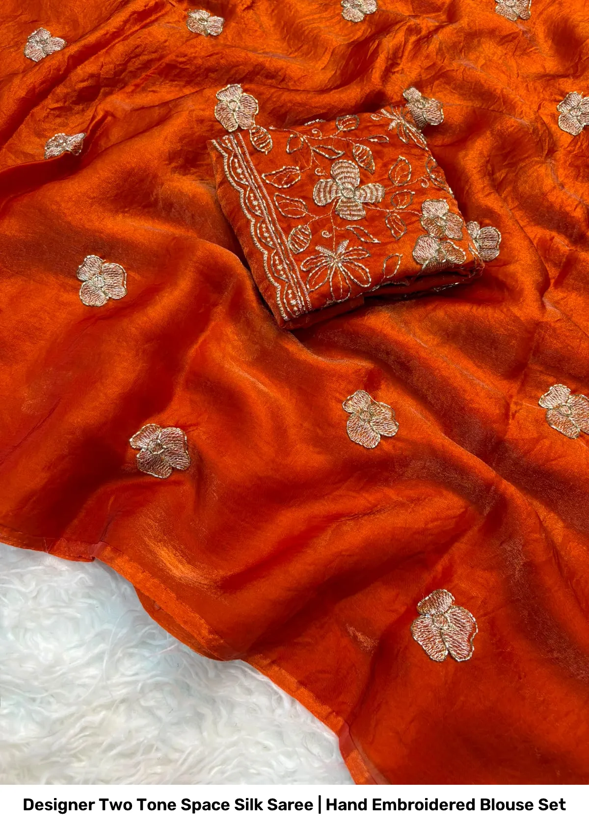 Designer Two Tone Space Silk Saree | Hand Embroidered Blouse Set 10