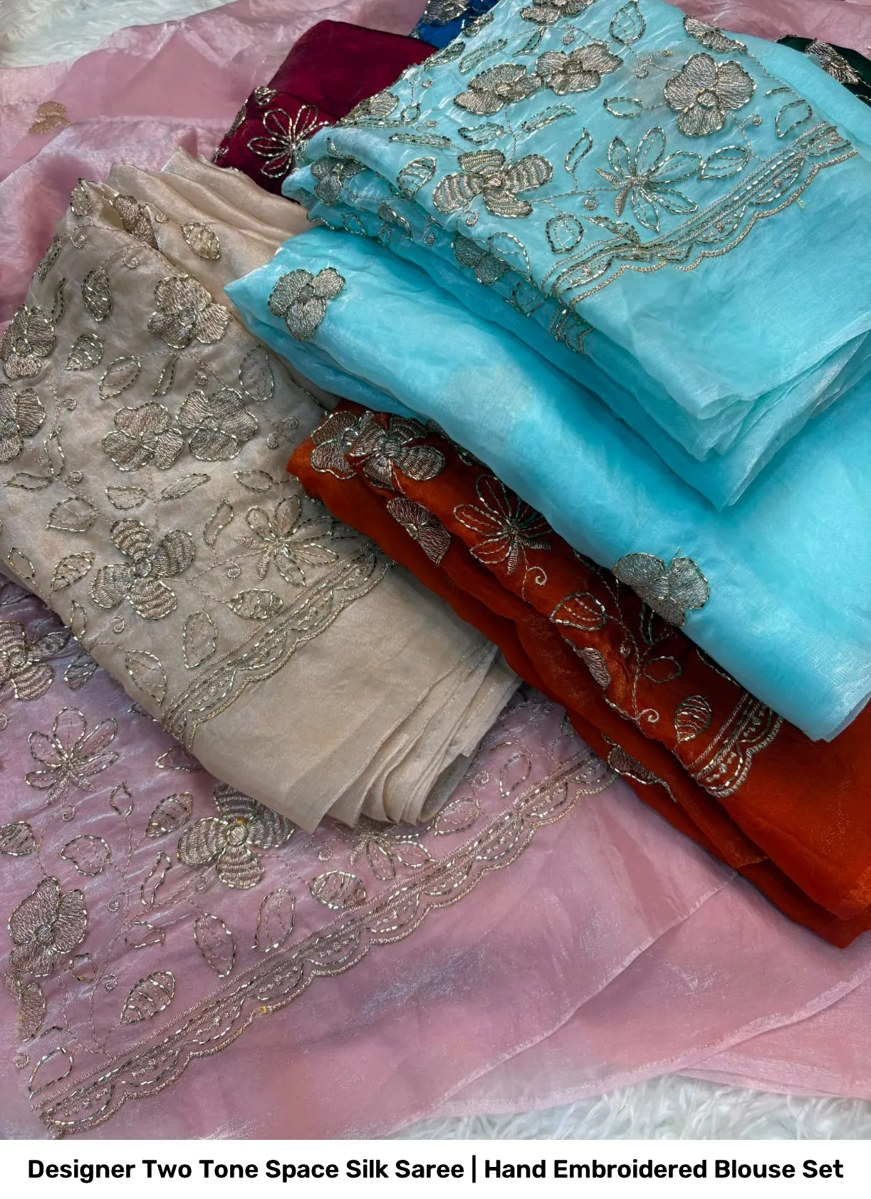Designer Two Tone Space Silk Saree | Hand Embroidered Blouse Set 11