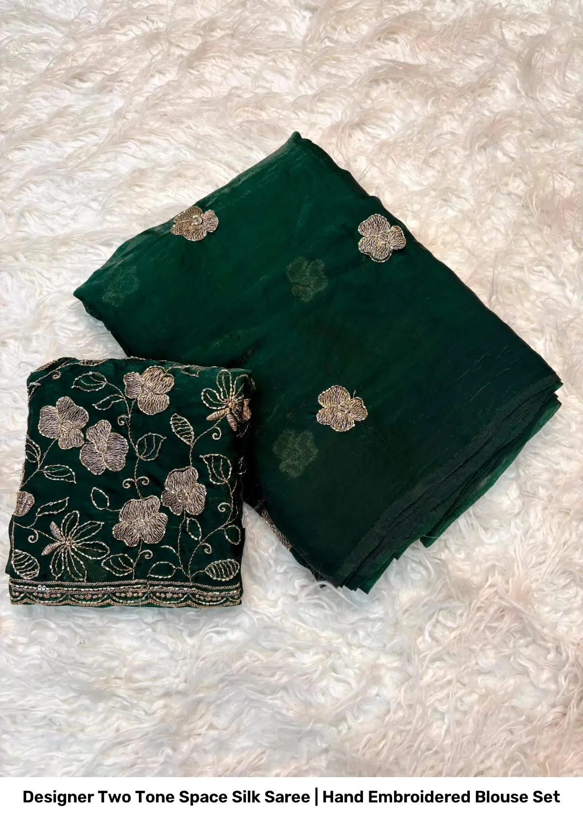 Designer Two Tone Space Silk Saree | Hand Embroidered Blouse Set 12