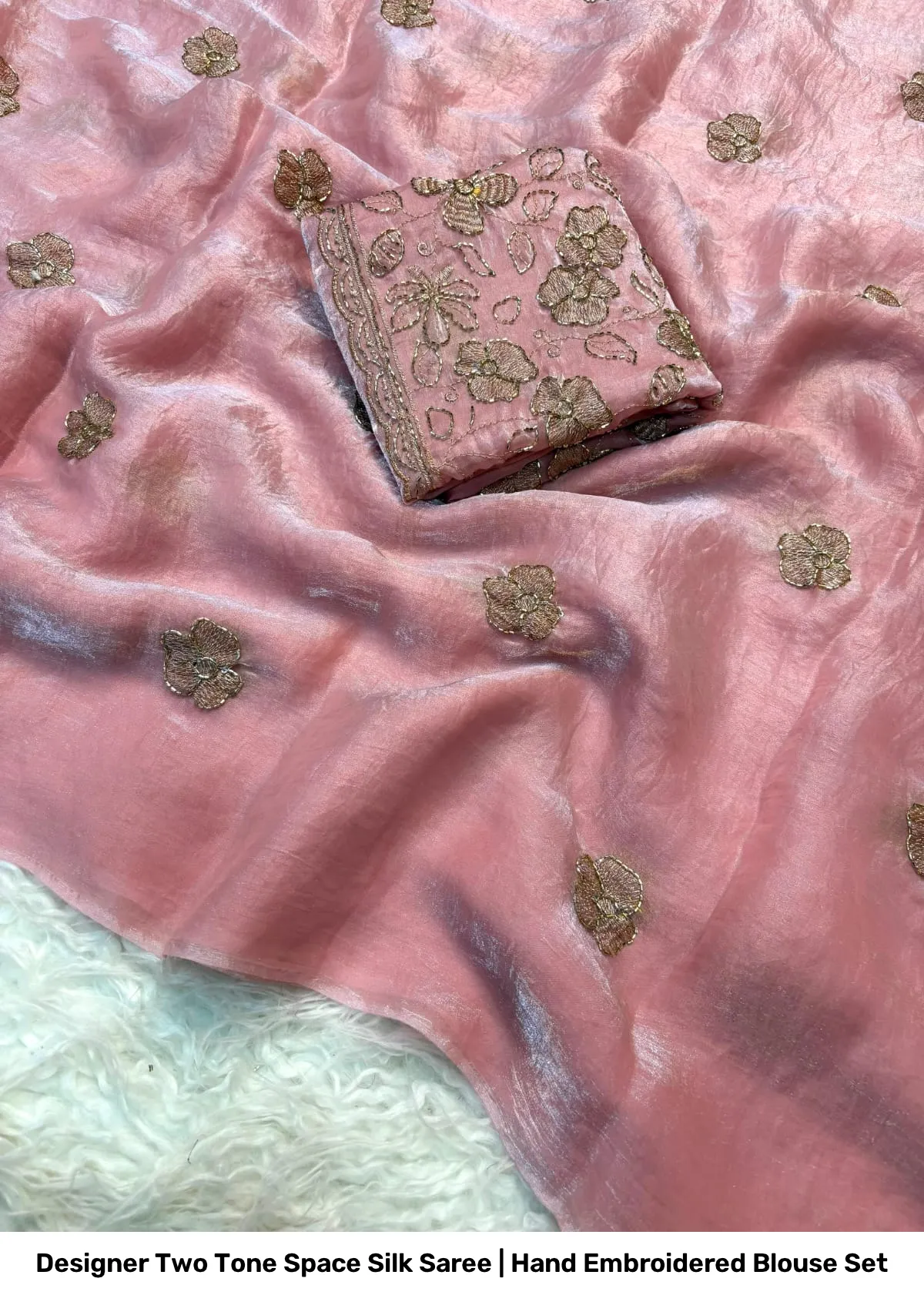 Designer Two Tone Space Silk Saree | Hand Embroidered Blouse Set 13