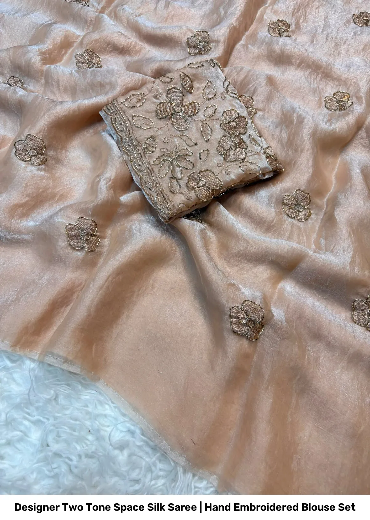 Designer Two Tone Space Silk Saree | Hand Embroidered Blouse Set 14