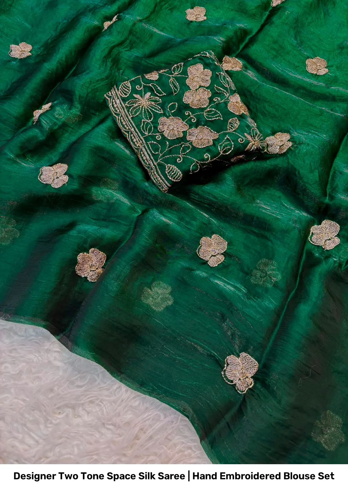 Designer Two Tone Space Silk Saree | Hand Embroidered Blouse Set 15