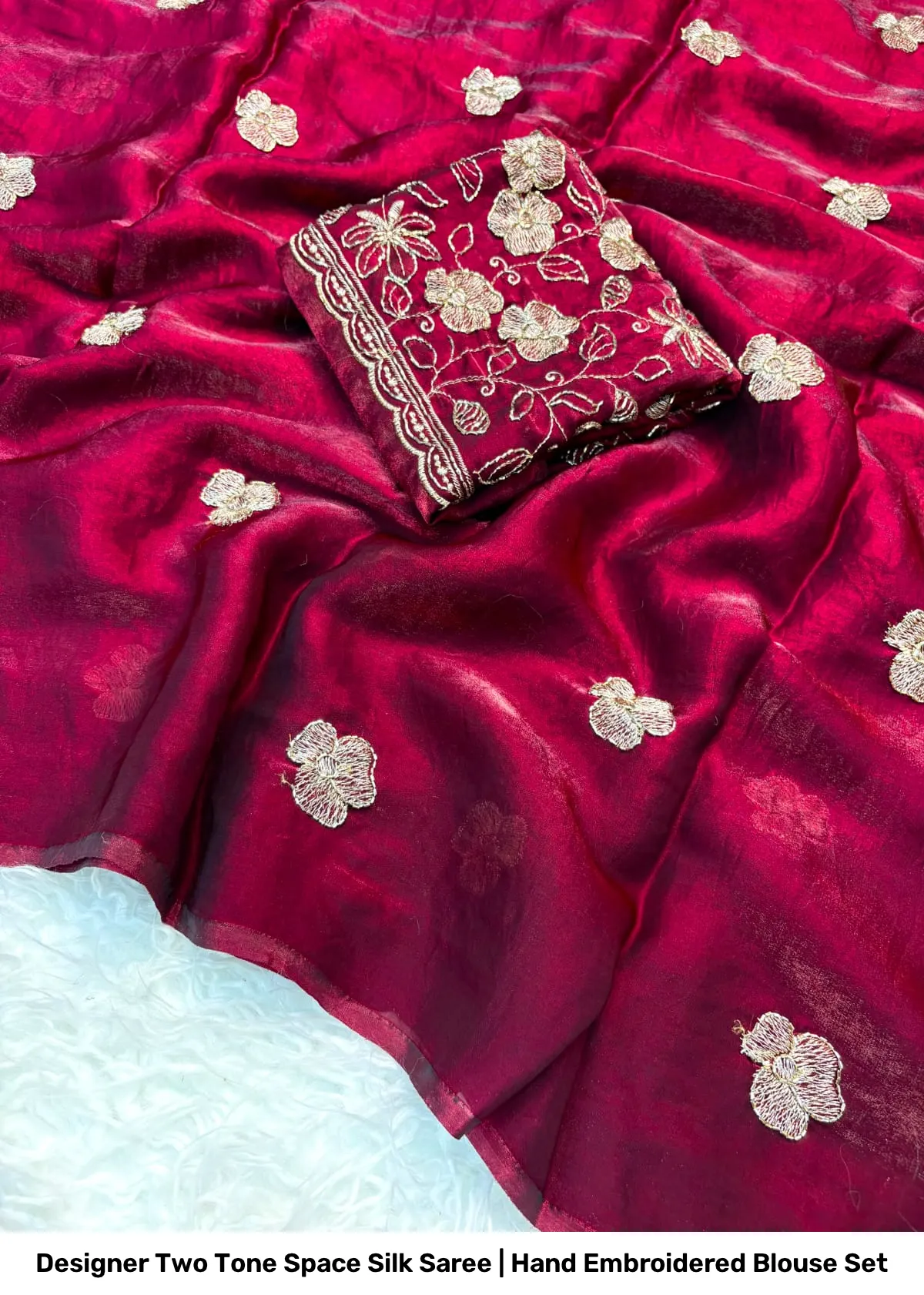 Designer Two Tone Space Silk Saree | Hand Embroidered Blouse Set 2