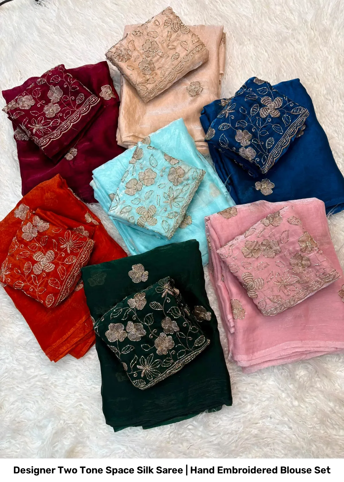 Designer Two Tone Space Silk Saree | Hand Embroidered Blouse Set 3