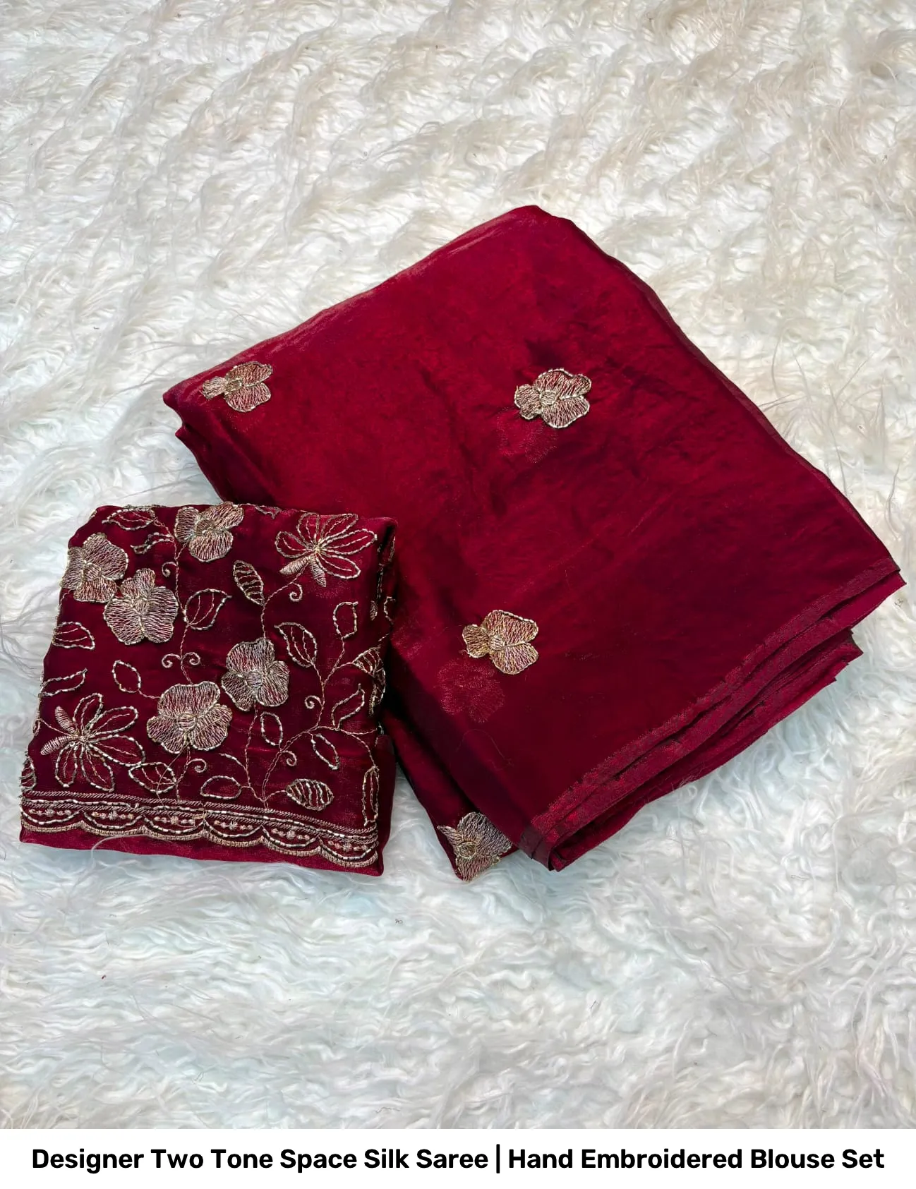 Designer Two Tone Space Silk Saree | Hand Embroidered Blouse Set 4