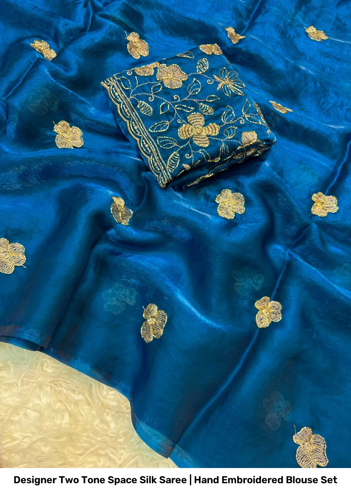 Designer Two Tone Space Silk Saree | Hand Embroidered Blouse Set 5