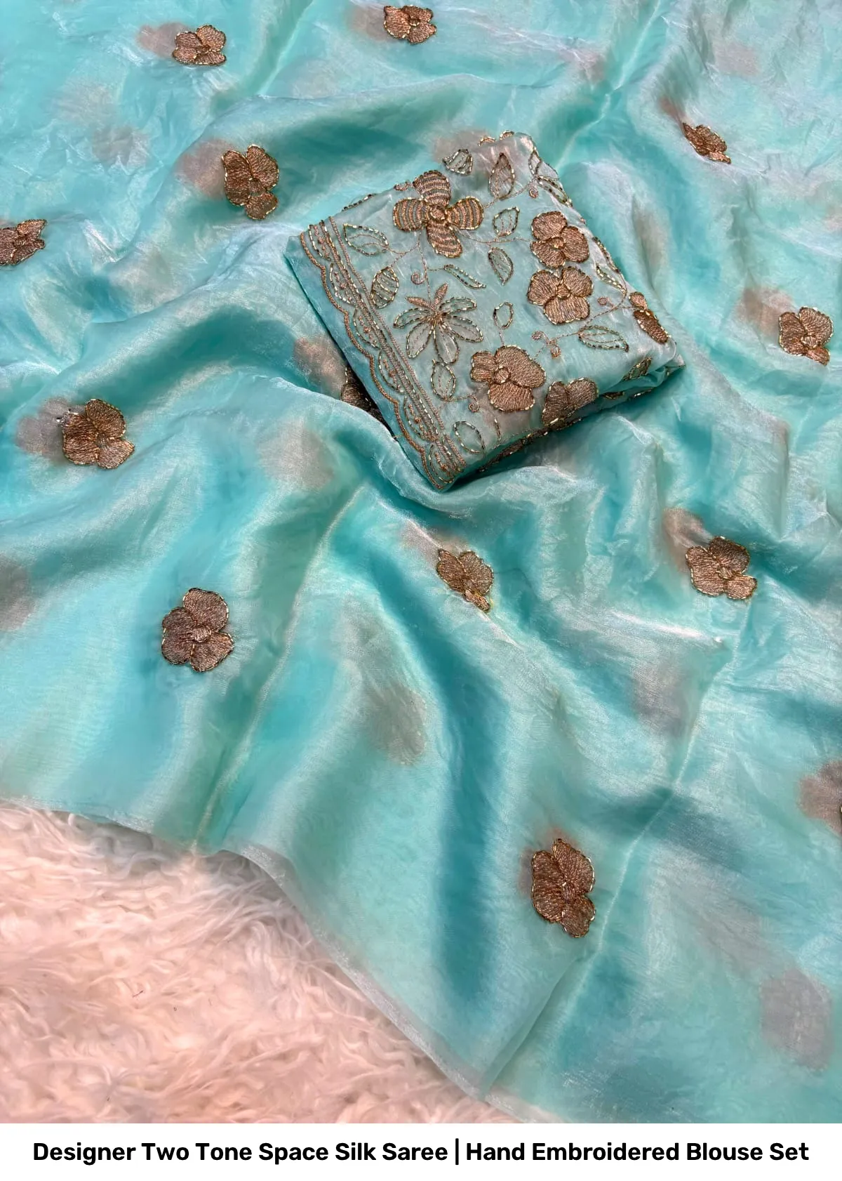 Designer Two Tone Space Silk Saree | Hand Embroidered Blouse Set 6