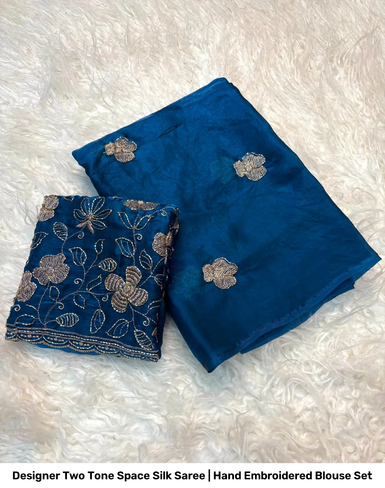 Designer Two Tone Space Silk Saree | Hand Embroidered Blouse Set 7