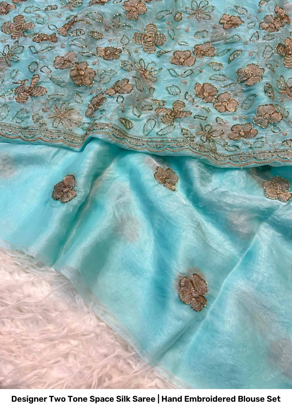 Designer Two Tone Space Silk Saree | Hand Embroidered Blouse Set 8