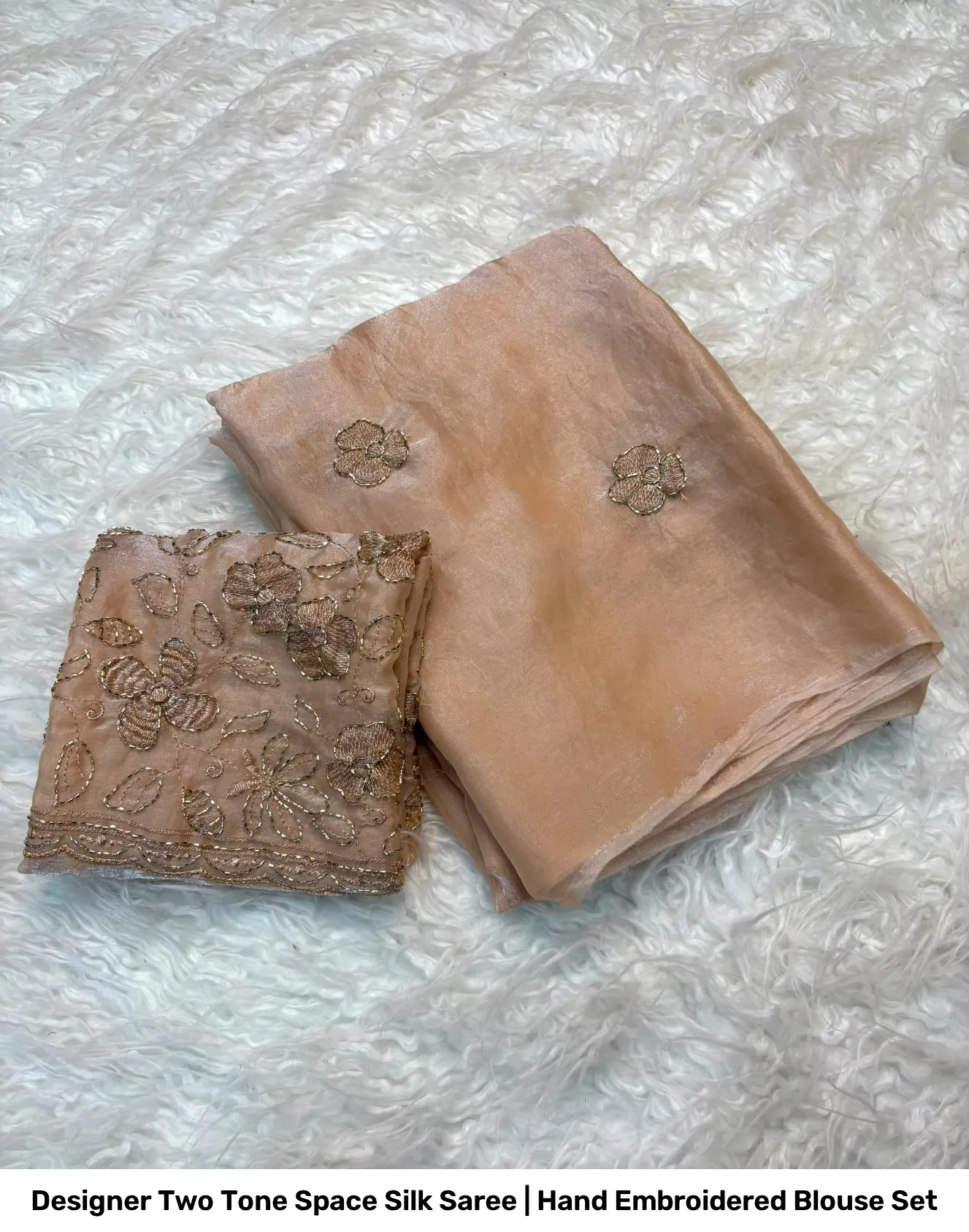 Designer Two Tone Space Silk Saree | Hand Embroidered Blouse Set 9