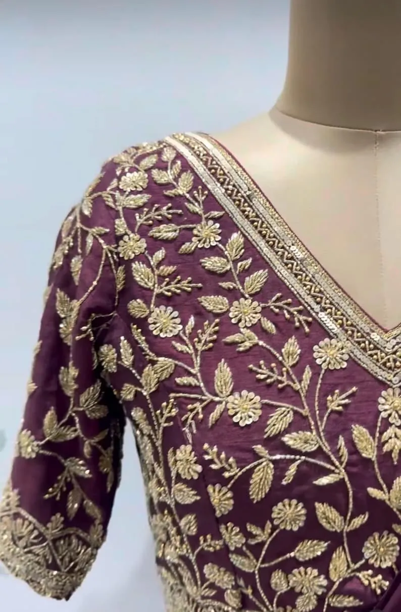 Designer Wine Indo-Western Draped Saree with Embroidered V-Neck Blouse & Belt | Sangeet & Cocktail Wear