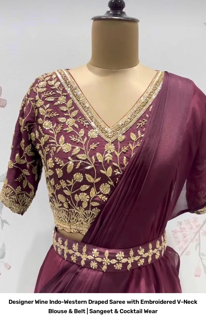 Designer Wine Indo-Western Draped Saree with Embroidered V-Neck Blouse & Belt | Sangeet & Cocktail Wear 2