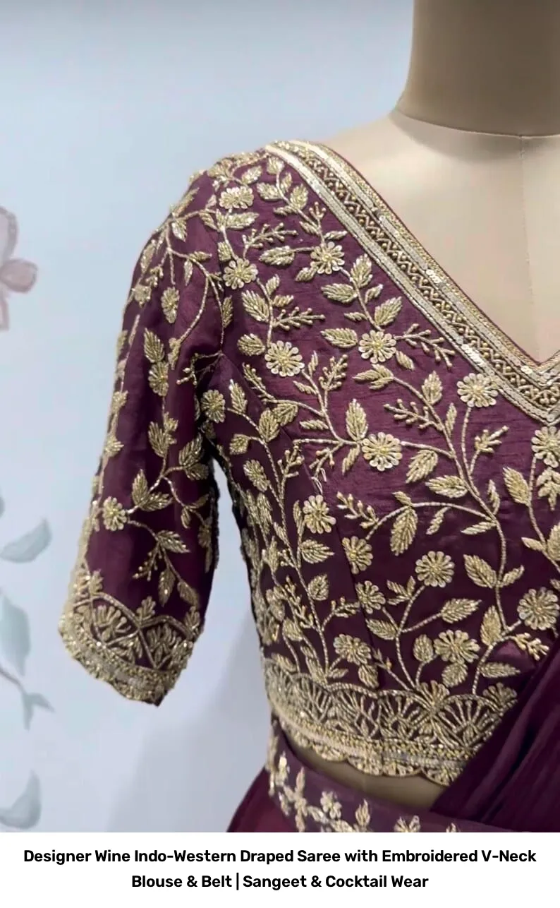 Designer Wine Indo-Western Draped Saree with Embroidered V-Neck Blouse & Belt | Sangeet & Cocktail Wear 3