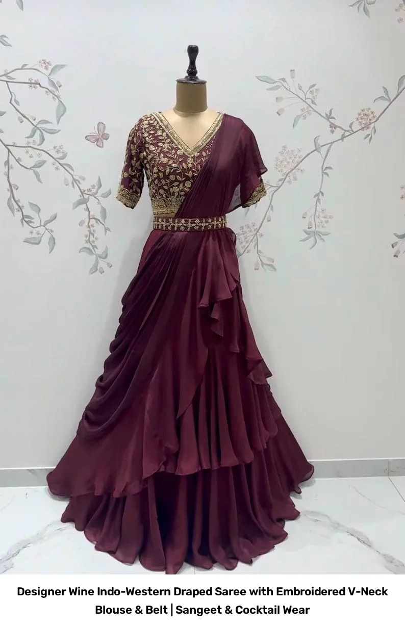 Designer Wine Indo-Western Draped Saree with Embroidered V-Neck Blouse & Belt | Sangeet & Cocktail Wear 4