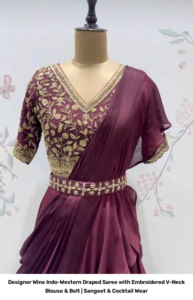 Designer Wine Indo-Western Draped Saree with Embroidered V-Neck Blouse & Belt | Sangeet & Cocktail Wear 5
