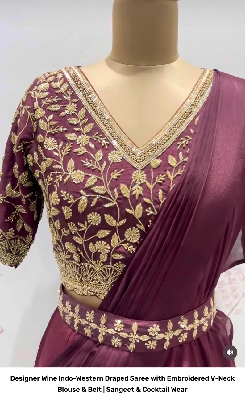 Designer Wine Indo-Western Draped Saree with Embroidered V-Neck Blouse & Belt | Sangeet & Cocktail Wear 6