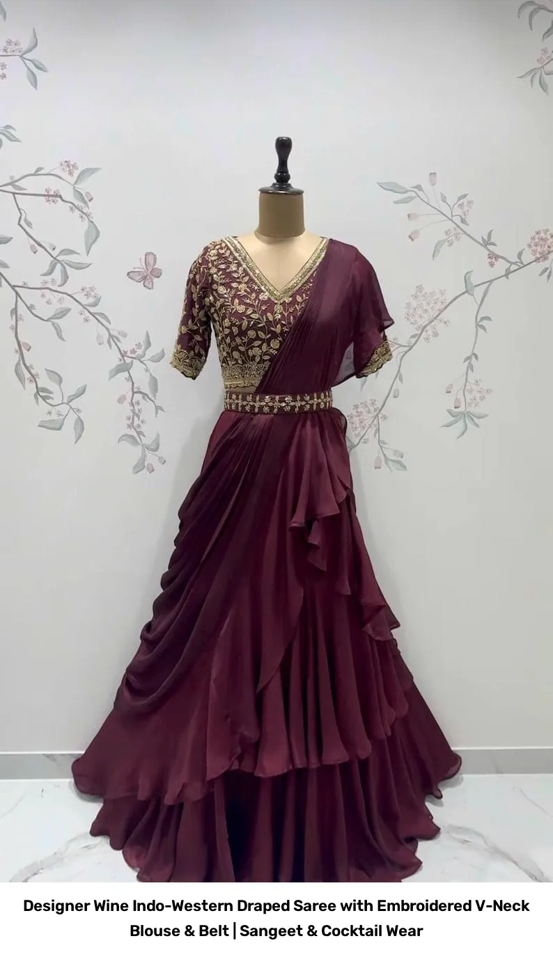 Designer Wine Indo-Western Draped Saree with Embroidered V-Neck Blouse & Belt | Sangeet & Cocktail Wear 7