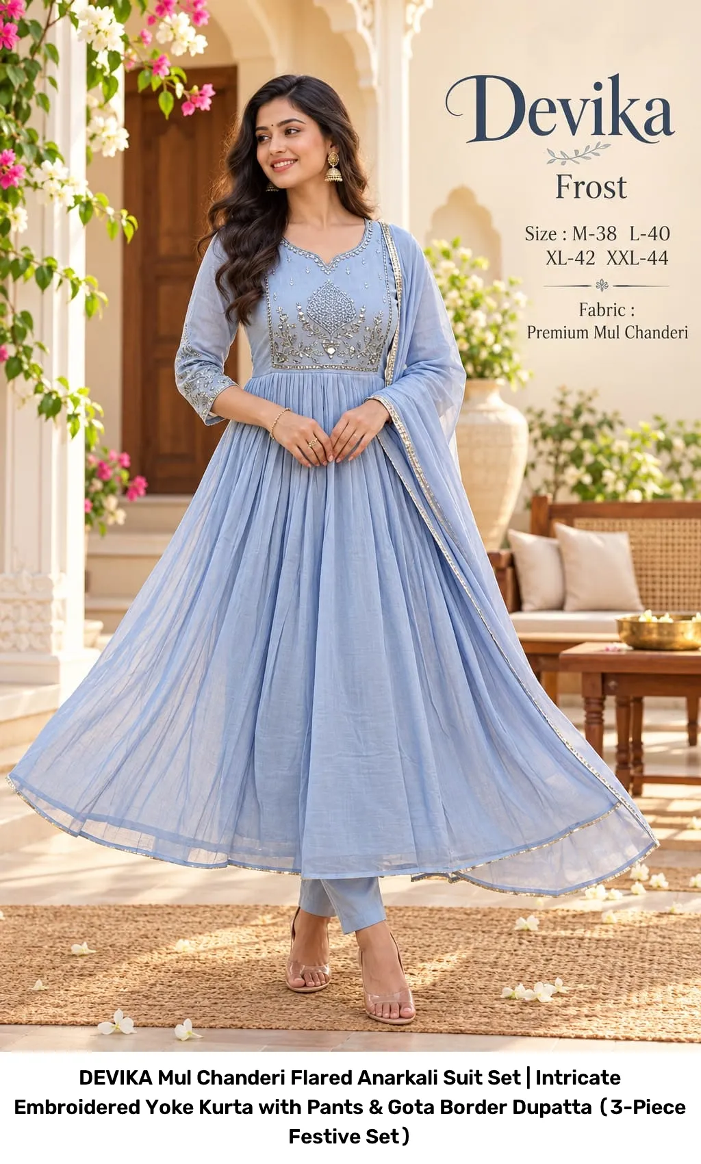 DEVIKA Mul Chanderi Flared Anarkali Suit Set | Intricate Embroidered Yoke Kurta with Pants & Gota Border Dupatta (3-Piece Festive Set) 2