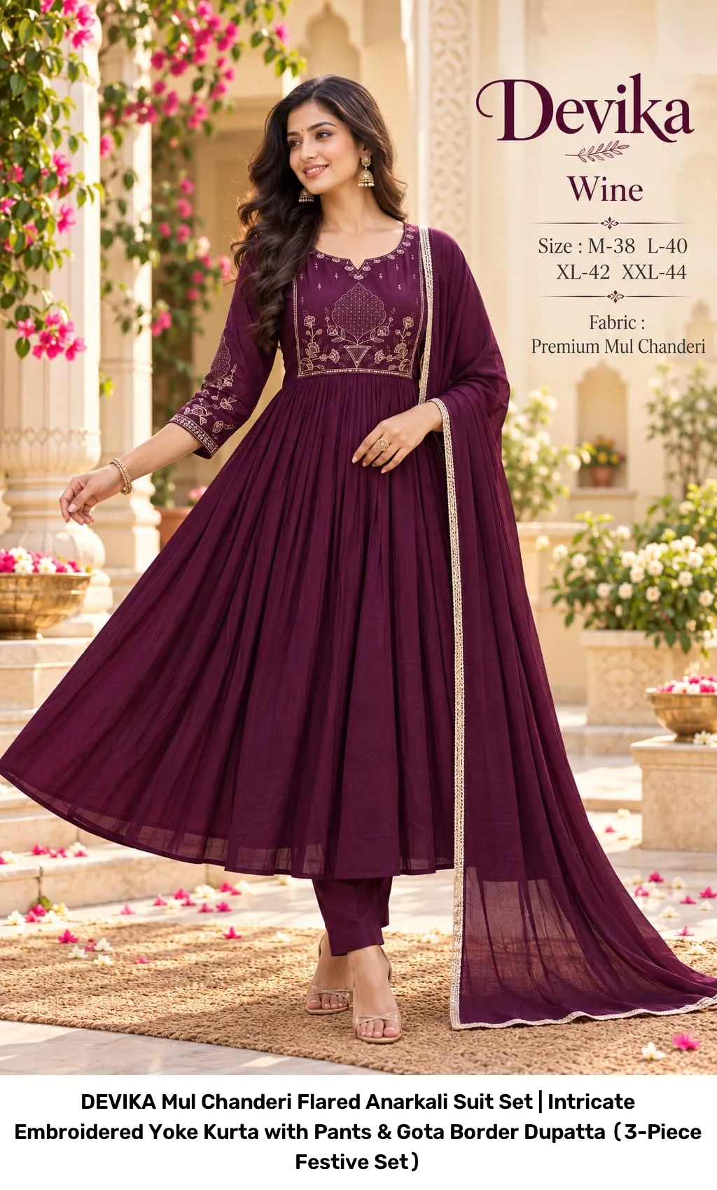 DEVIKA Mul Chanderi Flared Anarkali Suit Set | Intricate Embroidered Yoke Kurta with Pants & Gota Border Dupatta (3-Piece Festive Set) 3