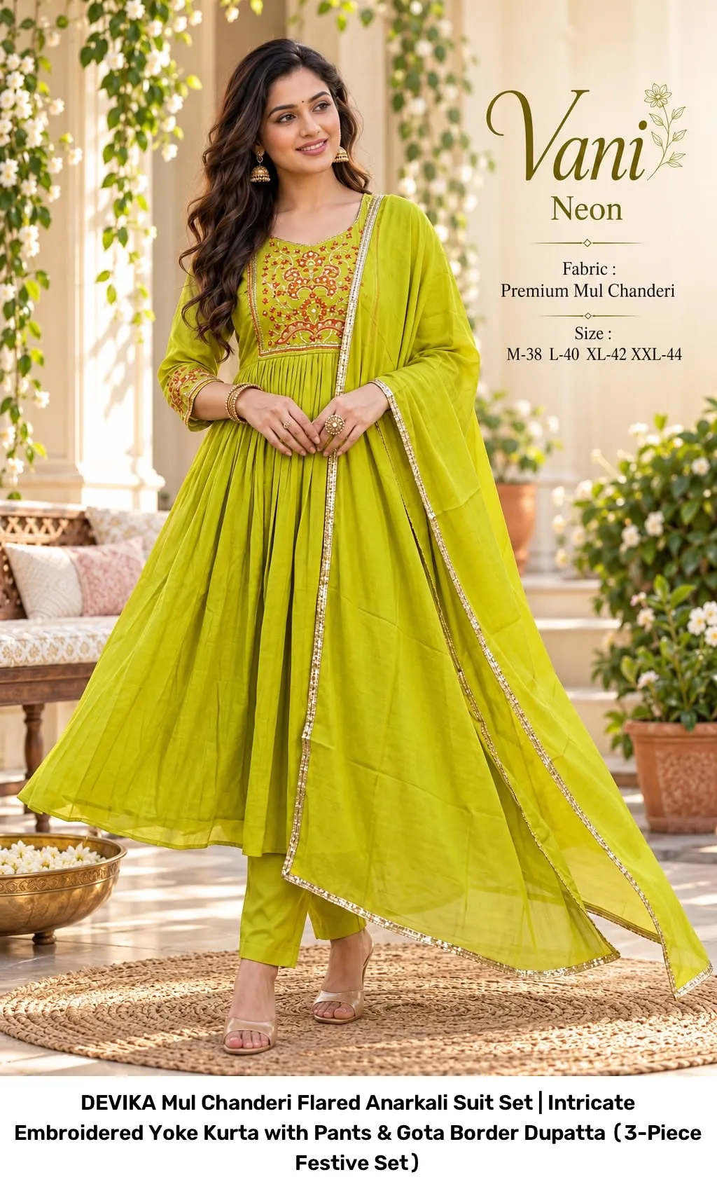 DEVIKA Mul Chanderi Flared Anarkali Suit Set | Intricate Embroidered Yoke Kurta with Pants & Gota Border Dupatta (3-Piece Festive Set) 4