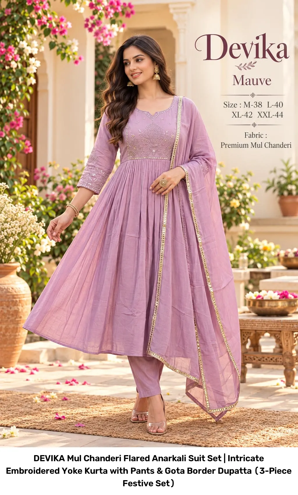 DEVIKA Mul Chanderi Flared Anarkali Suit Set | Intricate Embroidered Yoke Kurta with Pants & Gota Border Dupatta (3-Piece Festive Set) 5