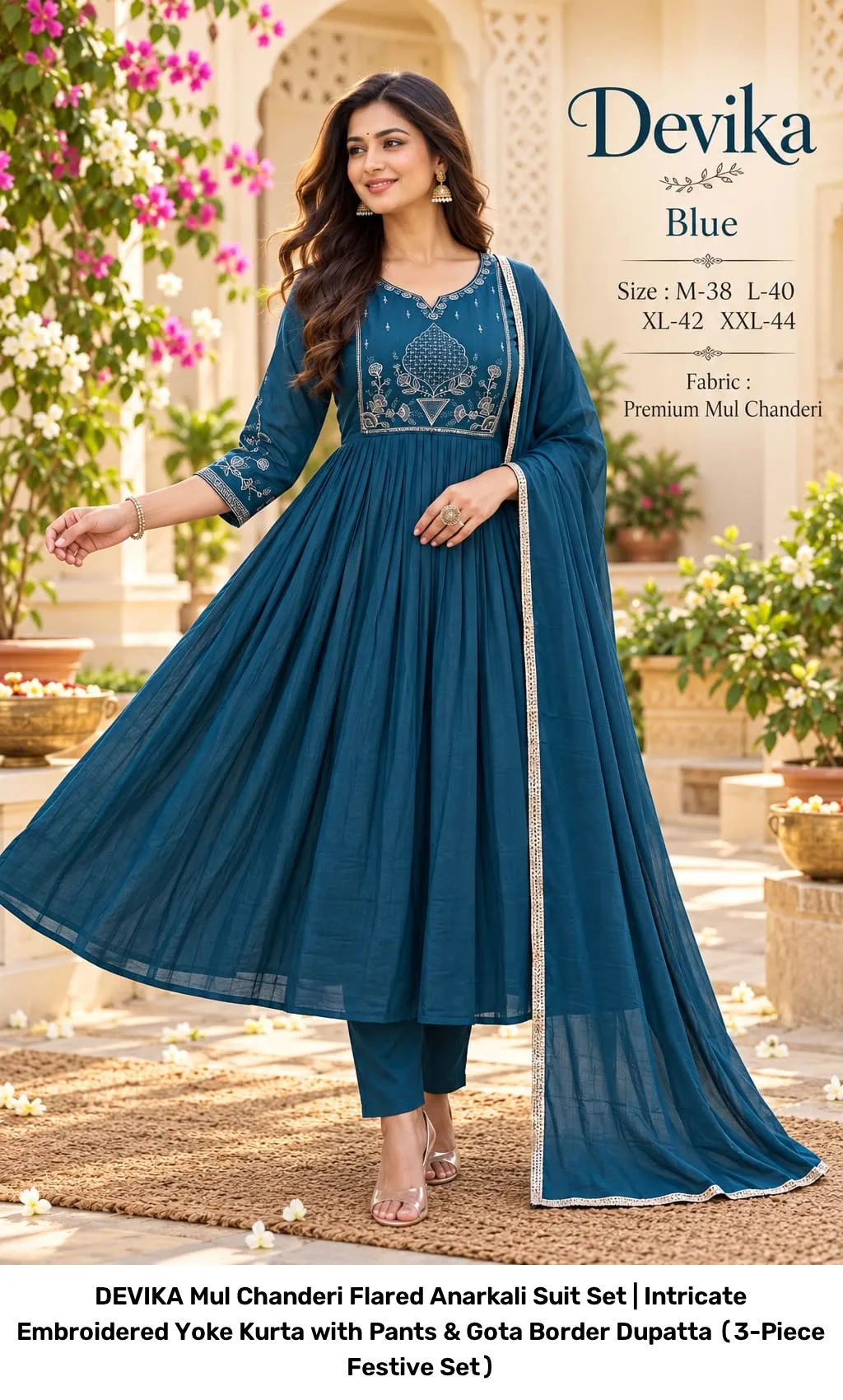DEVIKA Mul Chanderi Flared Anarkali Suit Set | Intricate Embroidered Yoke Kurta with Pants & Gota Border Dupatta (3-Piece Festive Set) 7