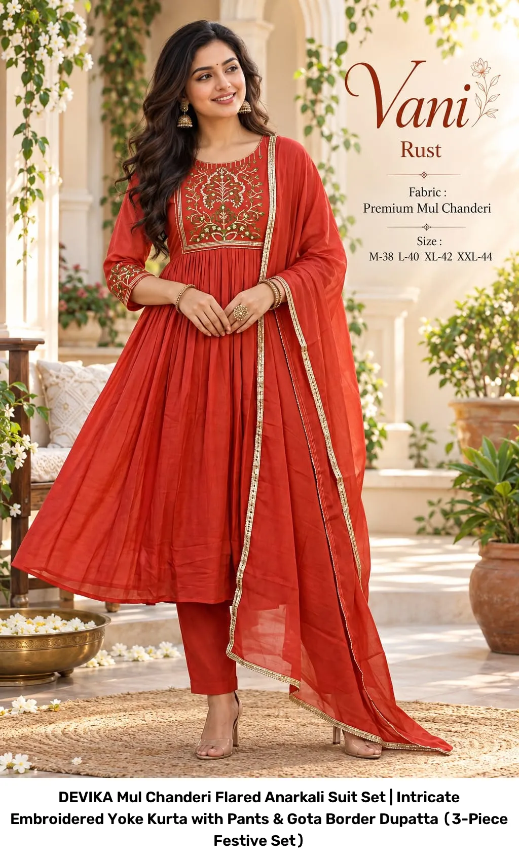 DEVIKA Mul Chanderi Flared Anarkali Suit Set | Intricate Embroidered Yoke Kurta with Pants & Gota Border Dupatta (3-Piece Festive Set) 8