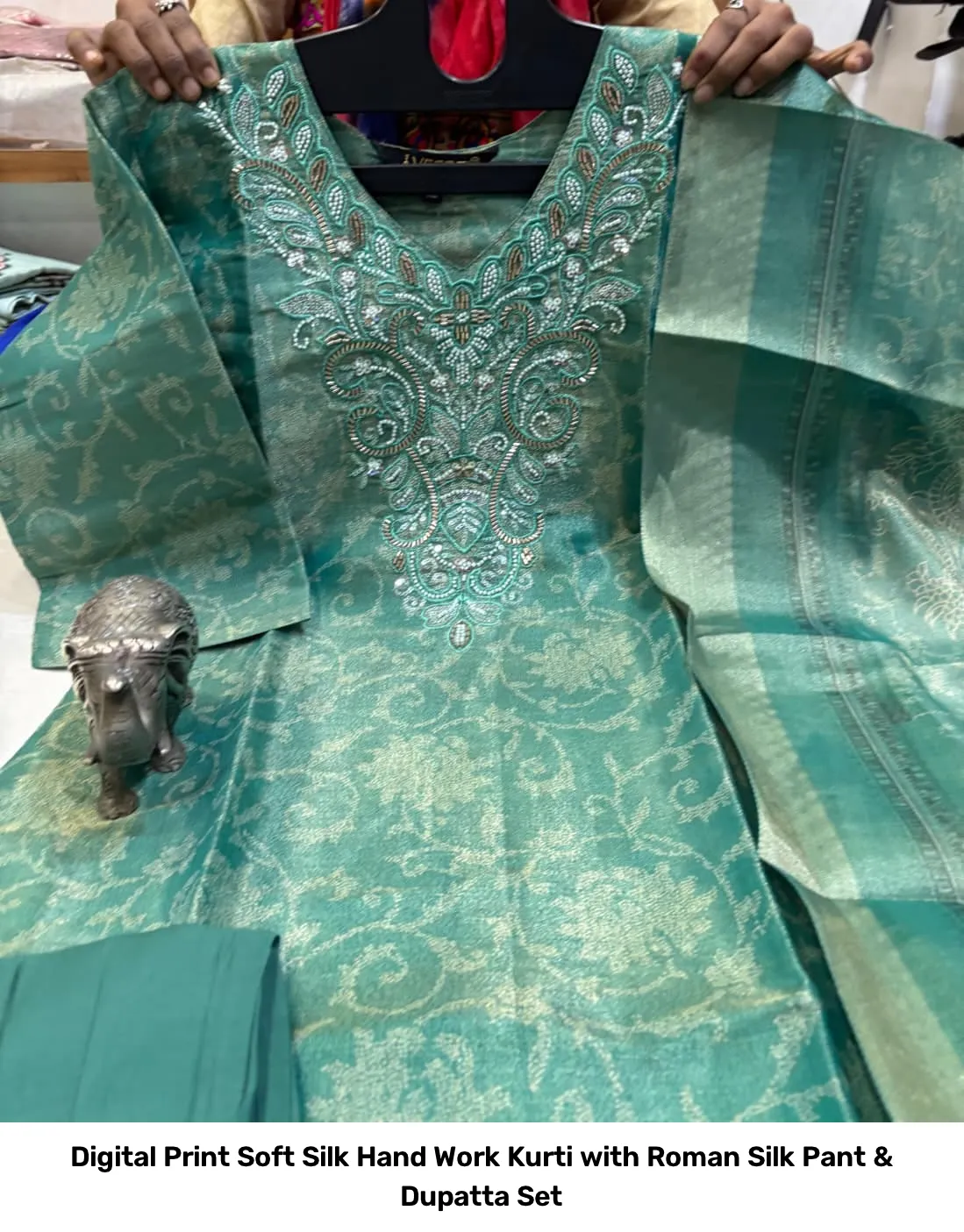 Digital Print Soft Silk Hand Work Kurti with Roman Silk Pant & Dupatta Set 10