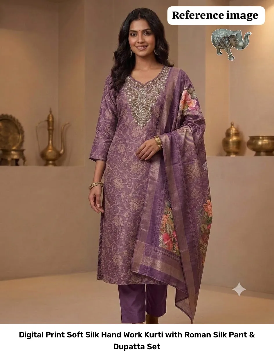 Digital Print Soft Silk Hand Work Kurti with Roman Silk Pant & Dupatta Set 11