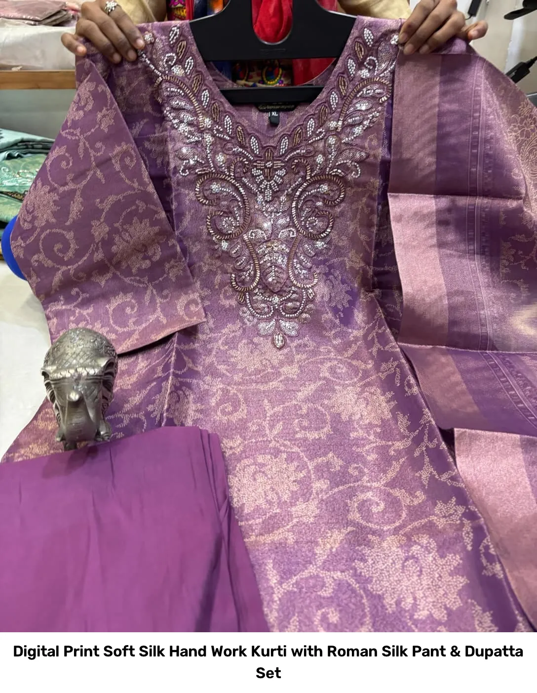 Digital Print Soft Silk Hand Work Kurti with Roman Silk Pant & Dupatta Set 12