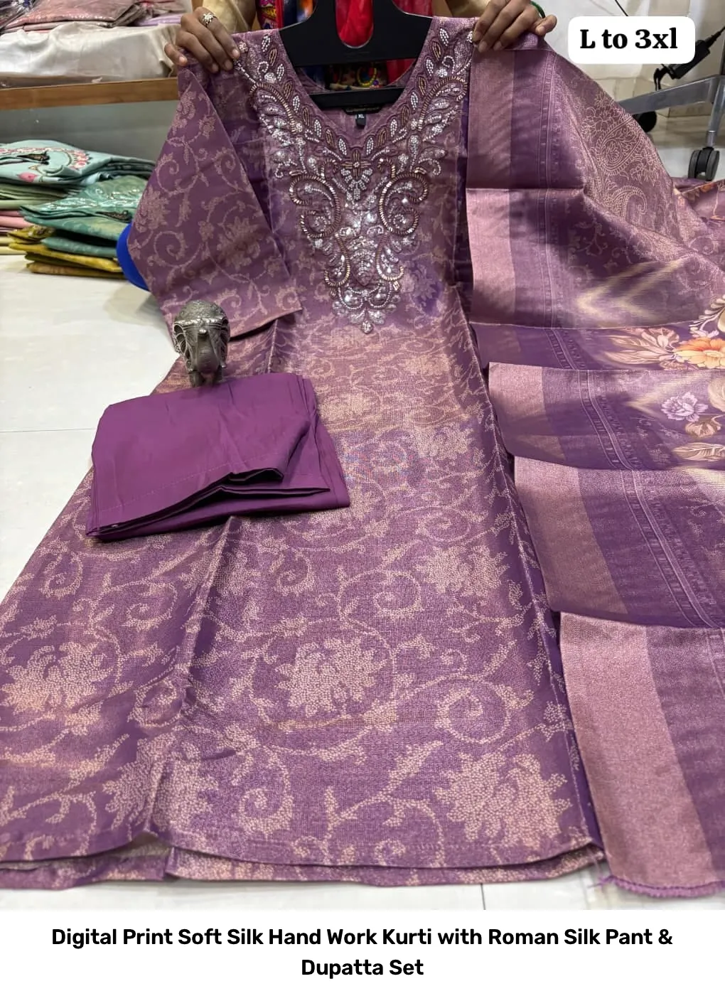Digital Print Soft Silk Hand Work Kurti with Roman Silk Pant & Dupatta Set 2