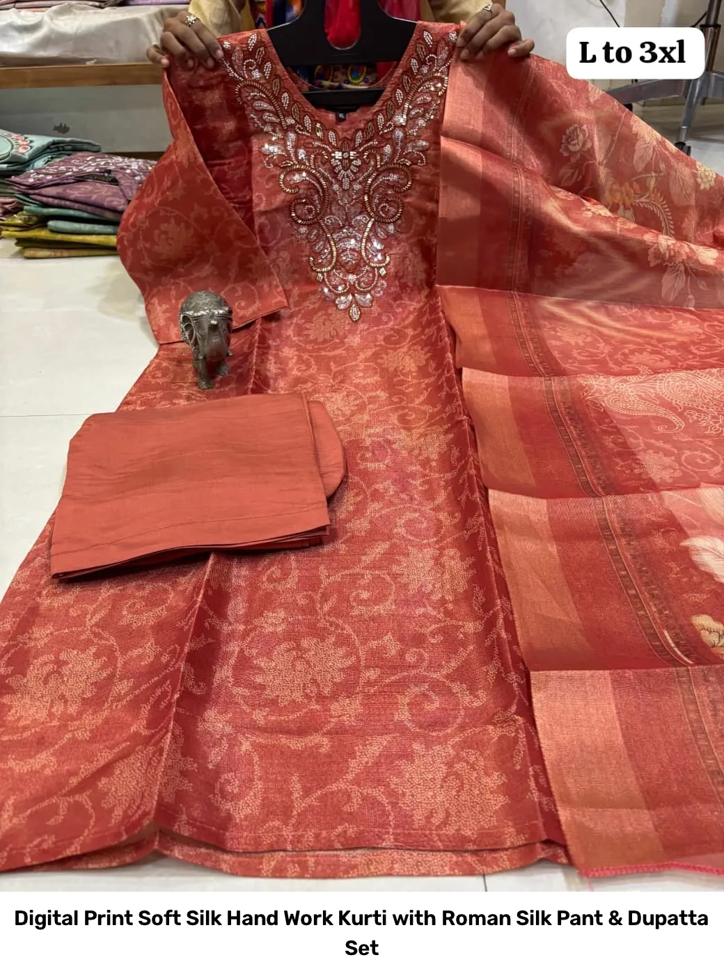 Digital Print Soft Silk Hand Work Kurti with Roman Silk Pant & Dupatta Set 3