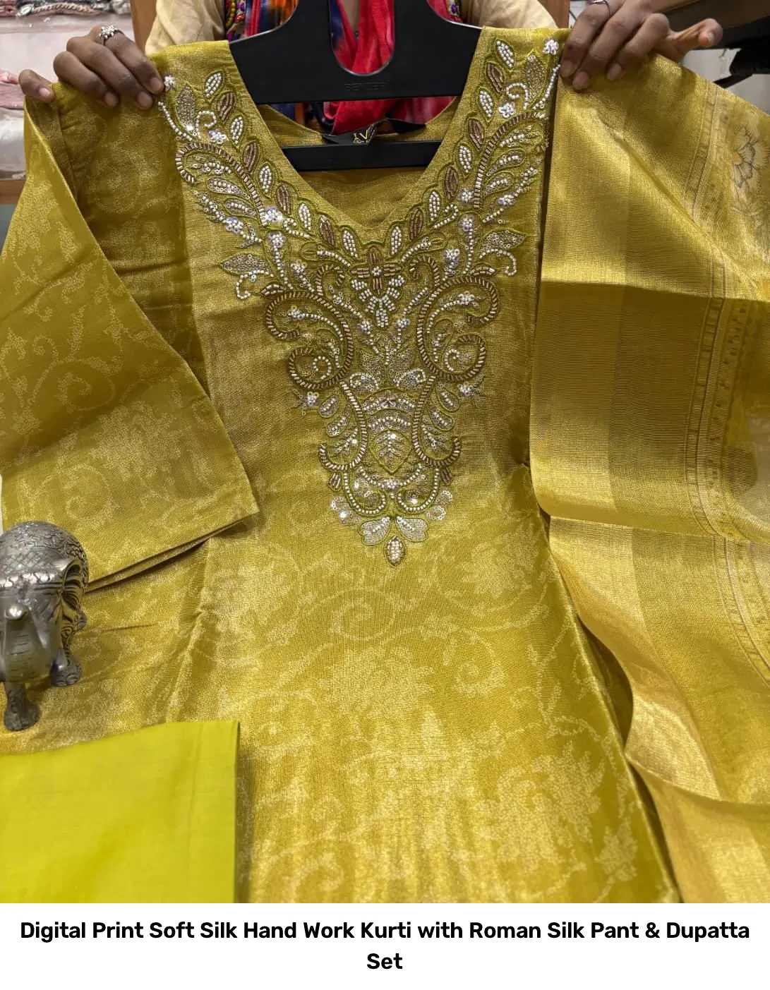 Digital Print Soft Silk Hand Work Kurti with Roman Silk Pant & Dupatta Set 4