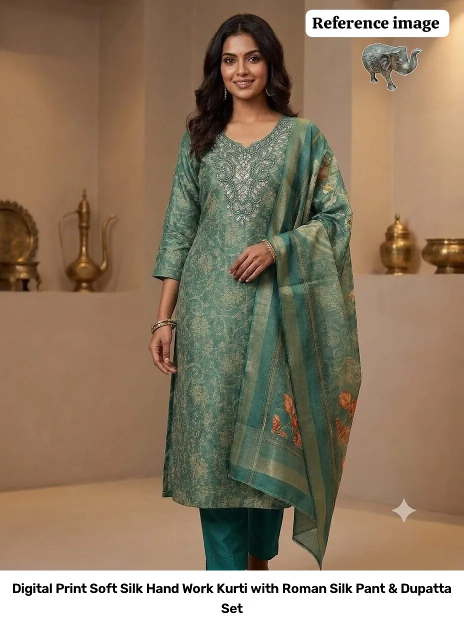 Digital Print Soft Silk Hand Work Kurti with Roman Silk Pant & Dupatta Set 5