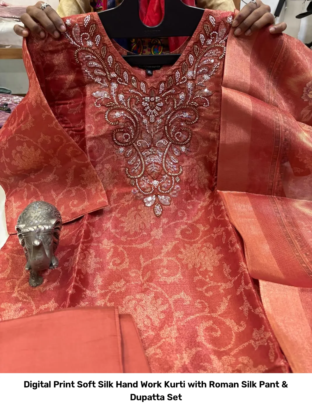 Digital Print Soft Silk Hand Work Kurti with Roman Silk Pant & Dupatta Set 6