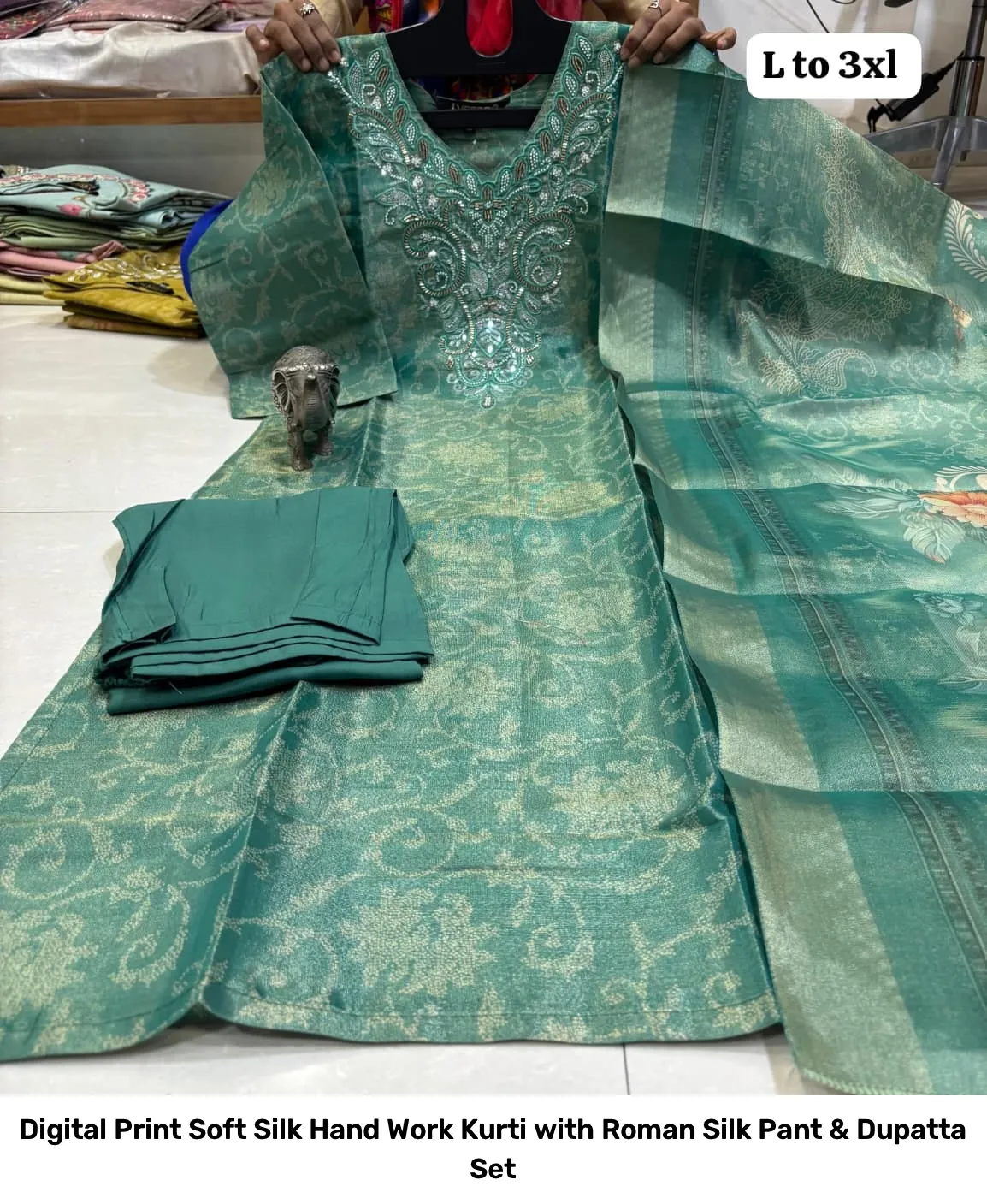 Digital Print Soft Silk Hand Work Kurti with Roman Silk Pant & Dupatta Set 7