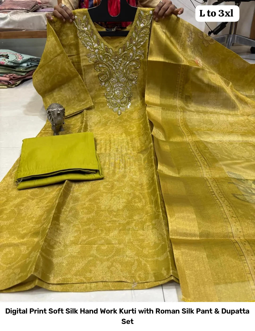 Digital Print Soft Silk Hand Work Kurti with Roman Silk Pant & Dupatta Set 8