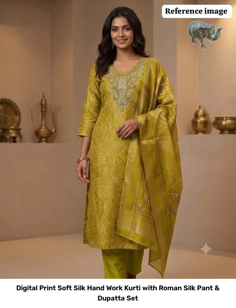Digital Print Soft Silk Hand Work Kurti with Roman Silk Pant & Dupatta Set 9