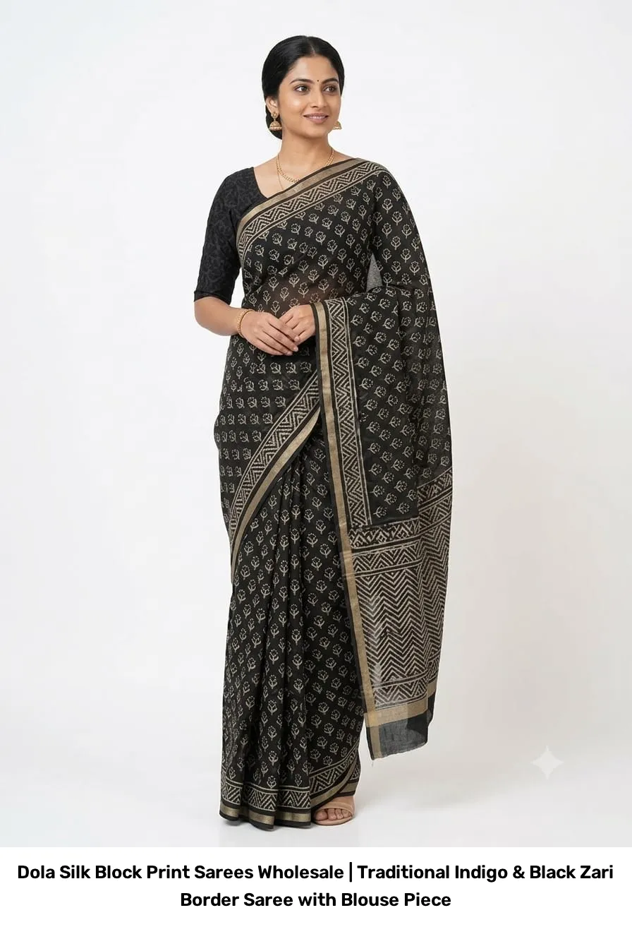 Dola Silk Block Print Sarees Wholesale | Traditional Indigo & Black Zari Border Saree with Blouse Piece 2
