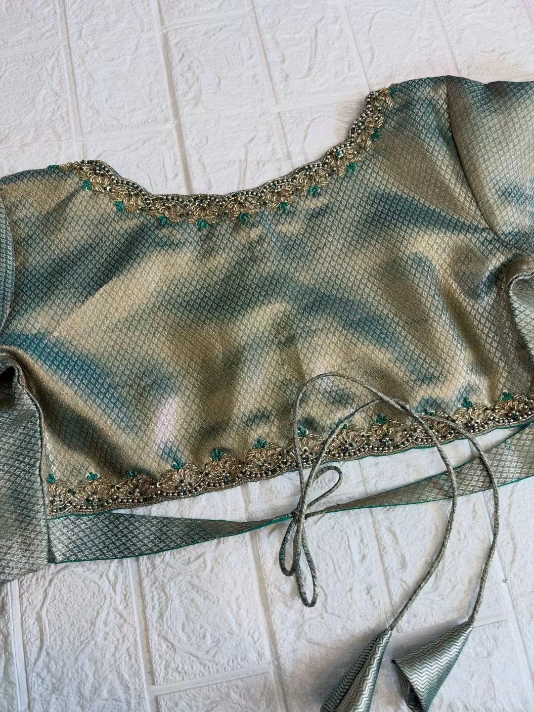 Dual-Tone Green Brocade Readymade Saree Blouse with Dori