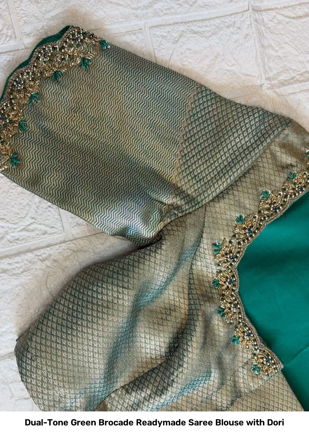 Dual-Tone Green Brocade Readymade Saree Blouse with Dori 2