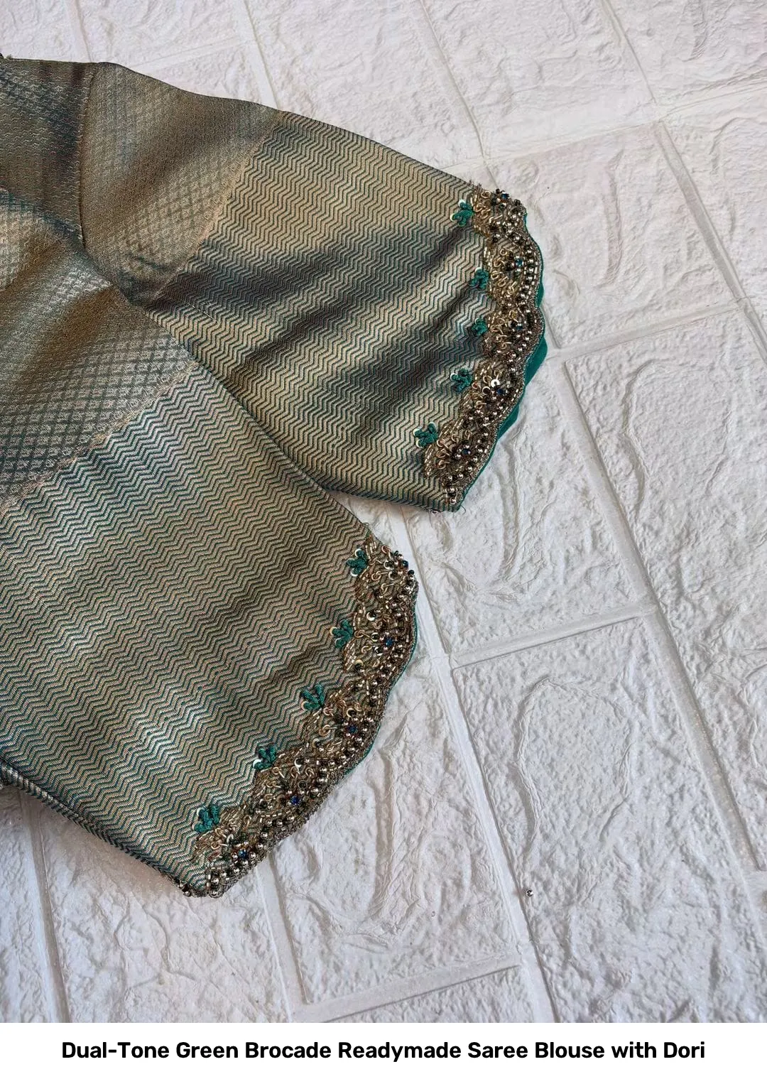 Dual-Tone Green Brocade Readymade Saree Blouse with Dori 3