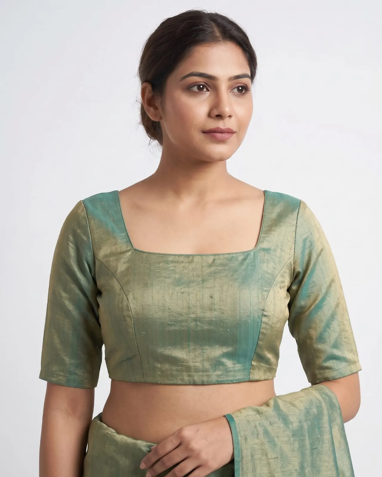 Dual-Tone Green Silk Square Neck Blouse Tie-Up Back