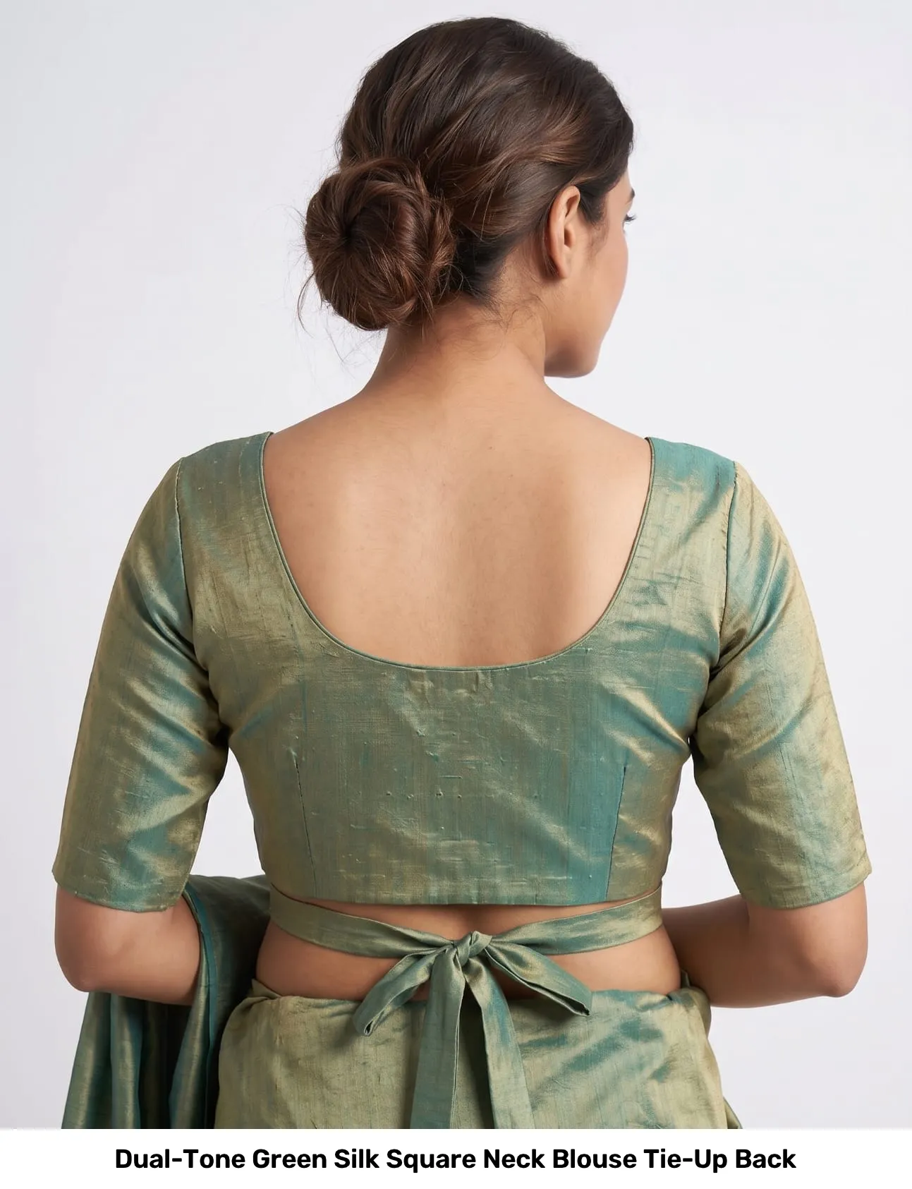 Dual-Tone Green Silk Square Neck Blouse Tie-Up Back 2