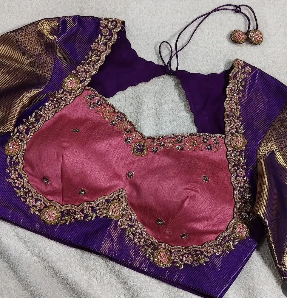 Dual Tone Purple Pink Maggam Blouse Scallop Cutout Back