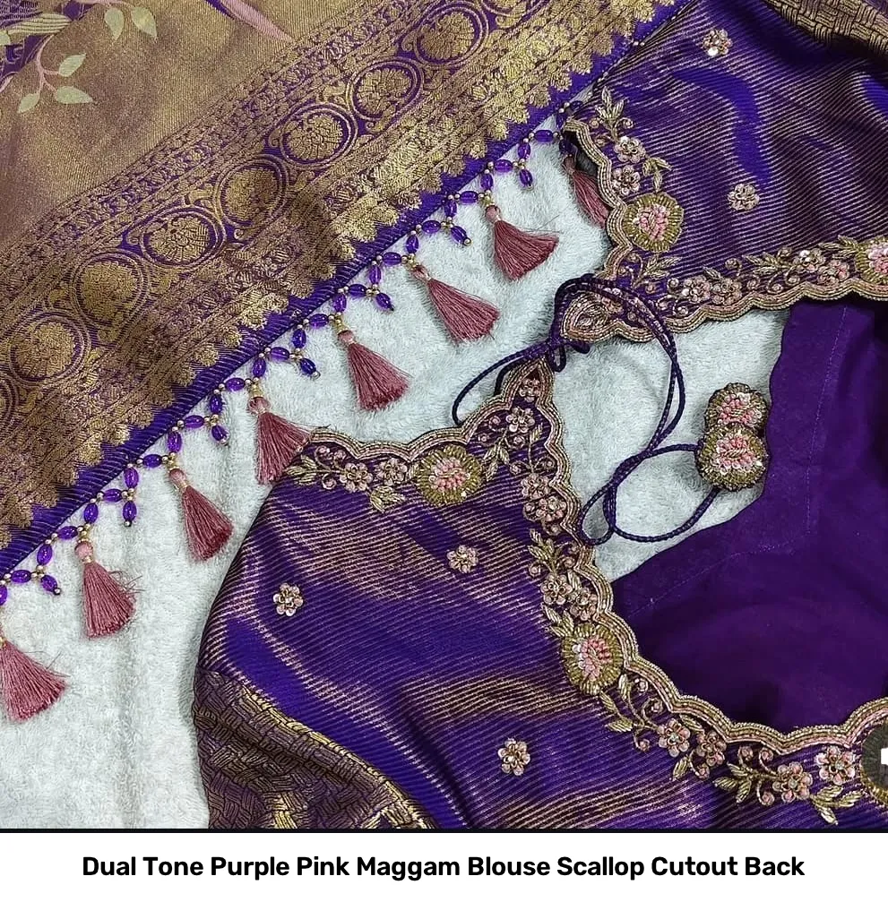 Dual Tone Purple Pink Maggam Blouse Scallop Cutout Back 2