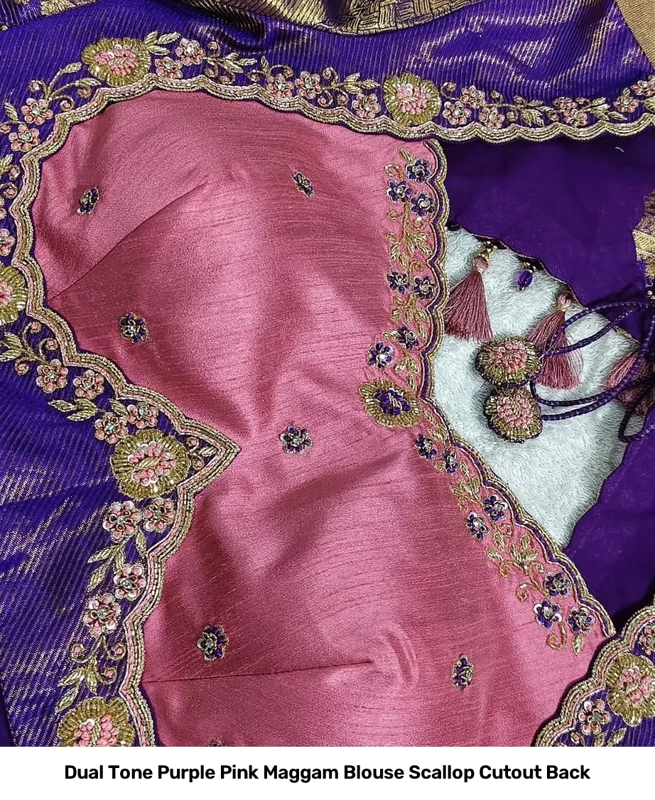 Dual Tone Purple Pink Maggam Blouse Scallop Cutout Back 3